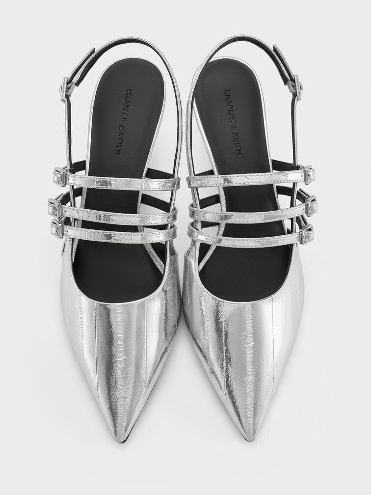 Metallic Triple-Strap Pointed-Toe Kitten-Heel Slingback Pumps, Silver, hi-res