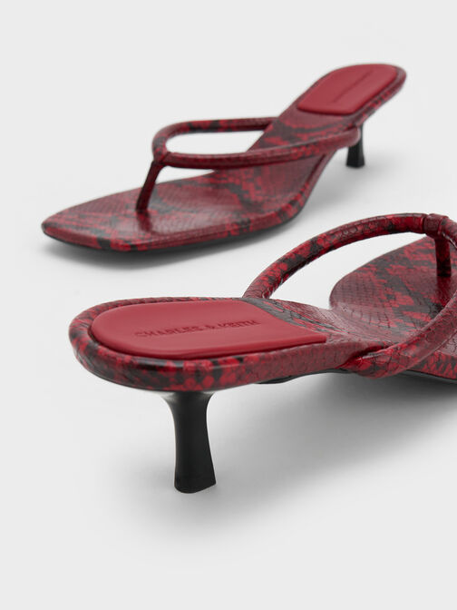 Snake-Print Square-Toe Kitten-Heel Thong Sandals, Animal Print Red, hi-res