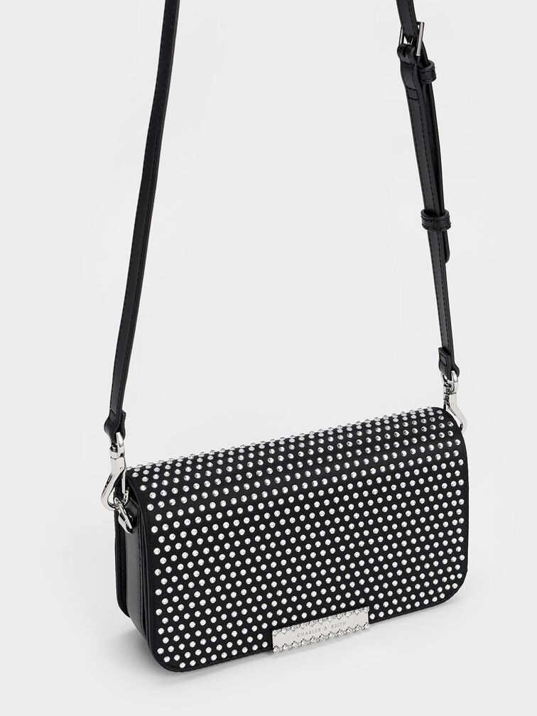 Crystal-Embellished Chain Strap Bag, Black, hi-res