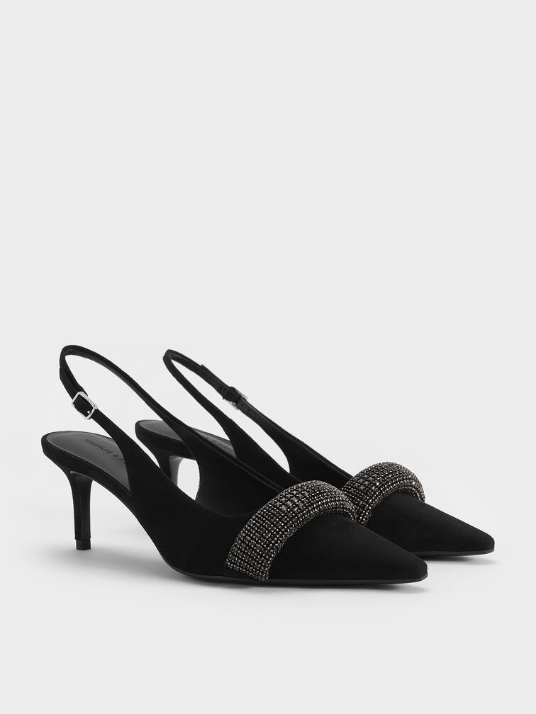Faux Suede Crystal-Embellished Pointed-Toe Slingback Pumps, Black Textured, hi-res
