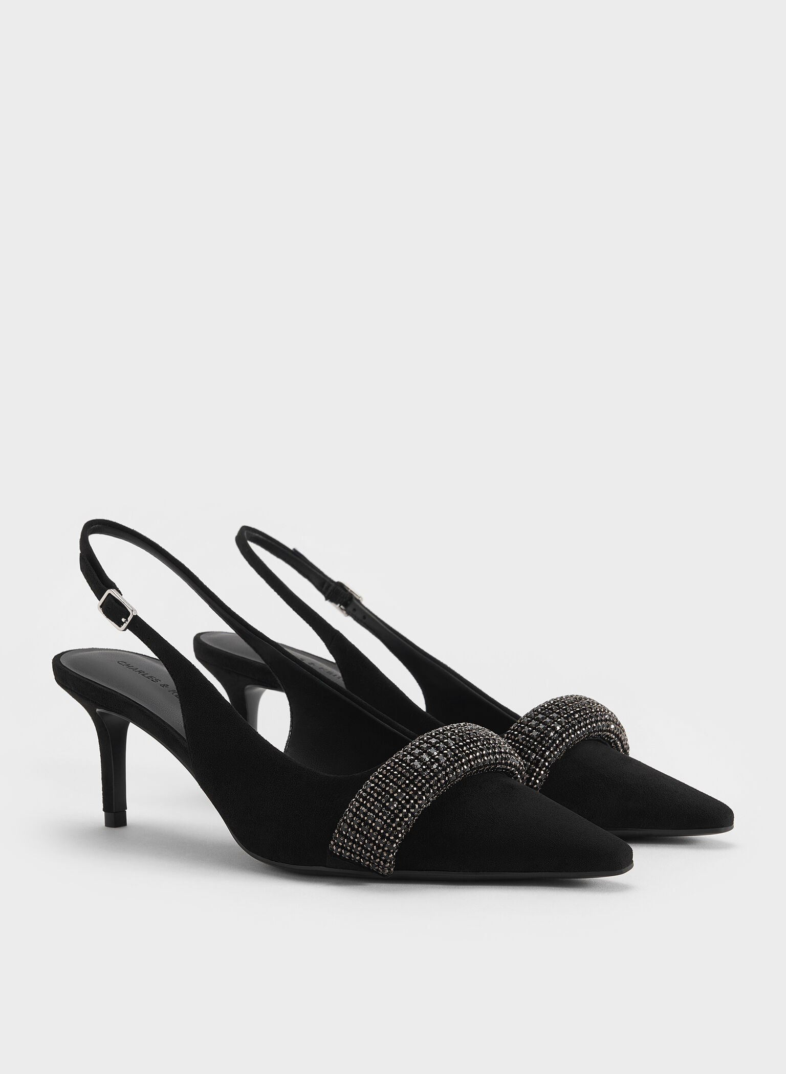 Faux Suede Crystal-Embellished Pointed-Toe Slingback Pumps, Black Textured, hi-res