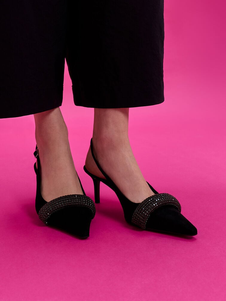 Faux Suede Crystal-Embellished Pointed-Toe Slingback Pumps, Black Textured, hi-res