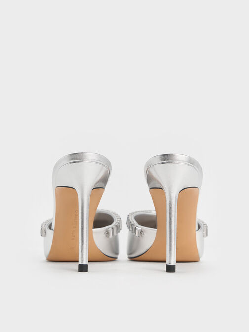 Metallic Crystal-Embellished Pointed-Toe Heeled Mules, Silver, hi-res