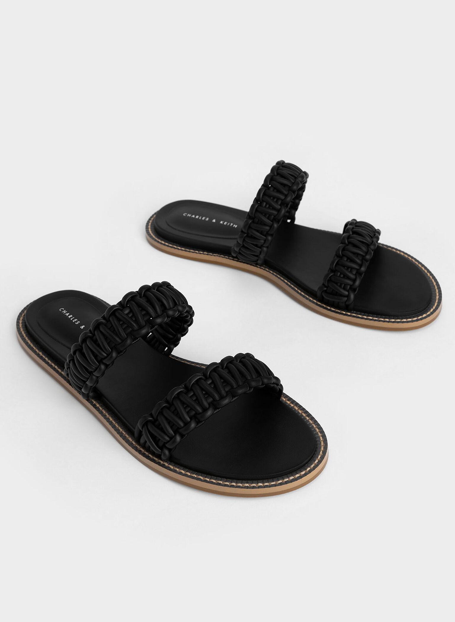 Braided Strap Slide Sandals, Black, hi-res