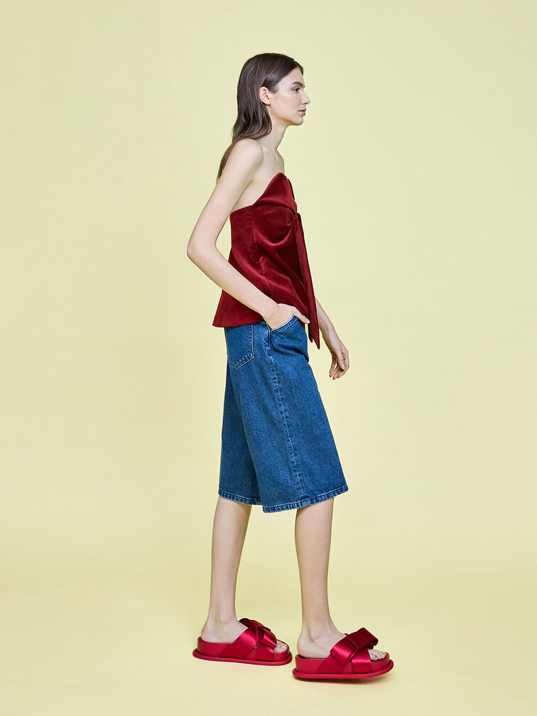 Satin Bow Flatform Sandals, Red, hi-res