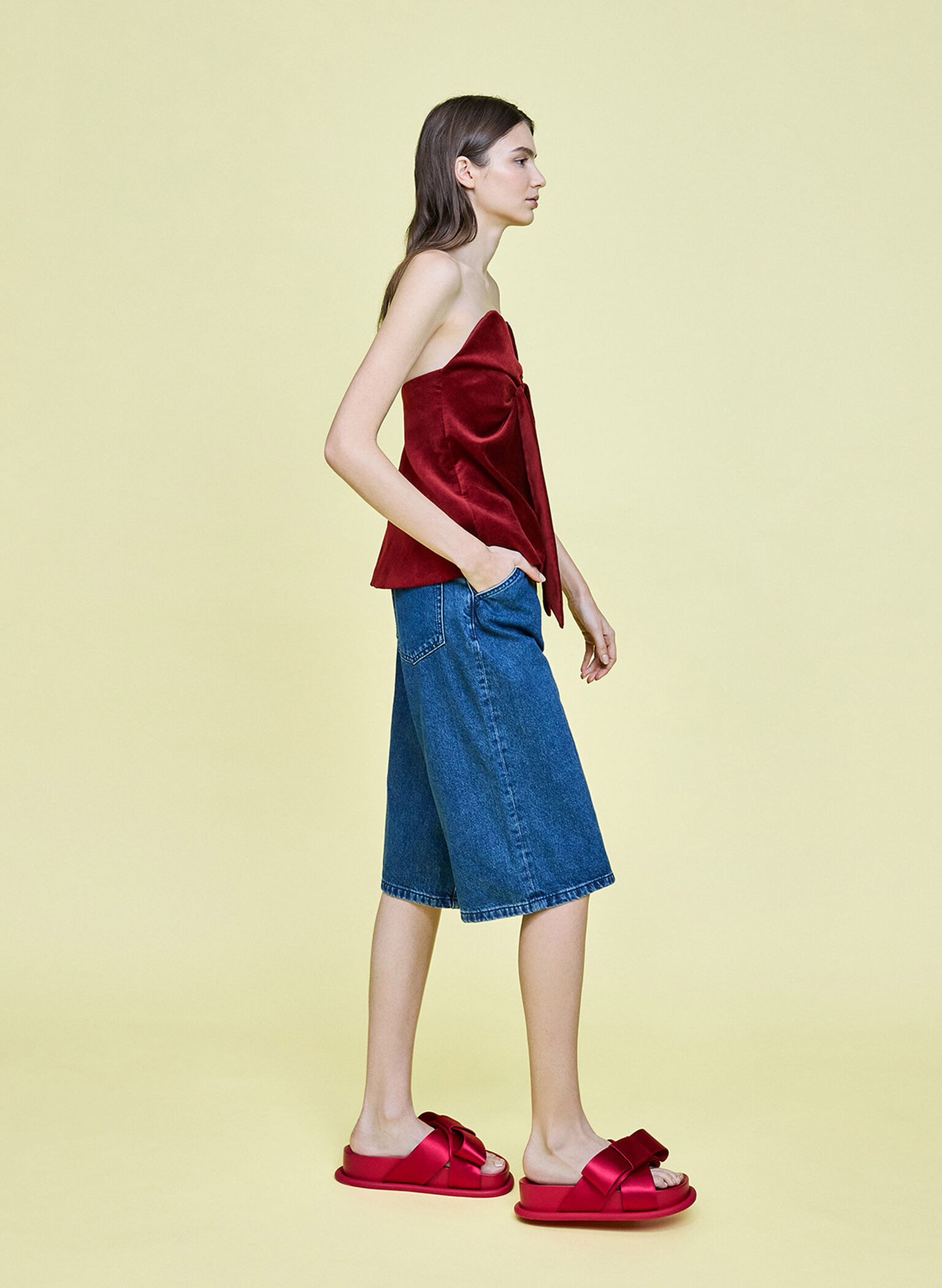 Satin Bow Flatform Sandals, Red, hi-res