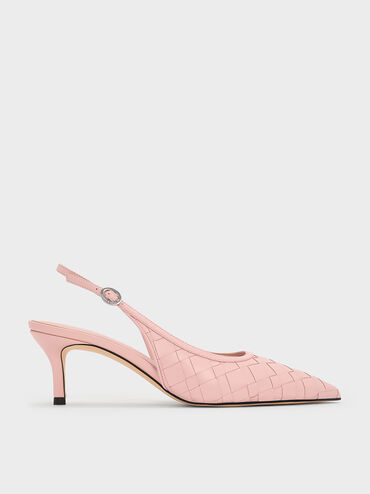 Woven Pointed-Toe Slingback Pumps, Light Pink, hi-res