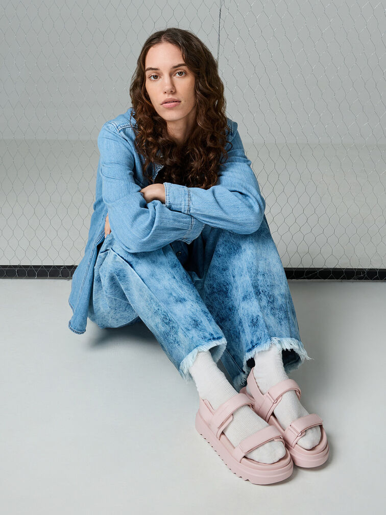 Double-Strap Ridged-Sole Flatform Sandals, Light Pink, hi-res