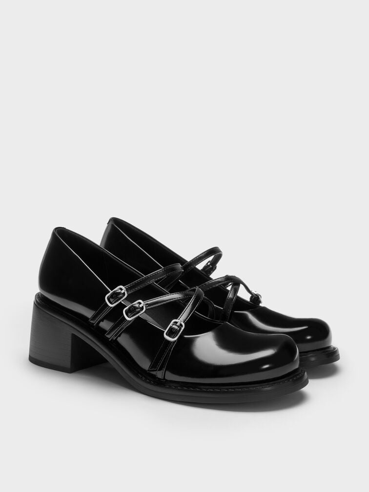 Triple-Strap Crossover Block-Heel Mary Janes, Black Box, hi-res