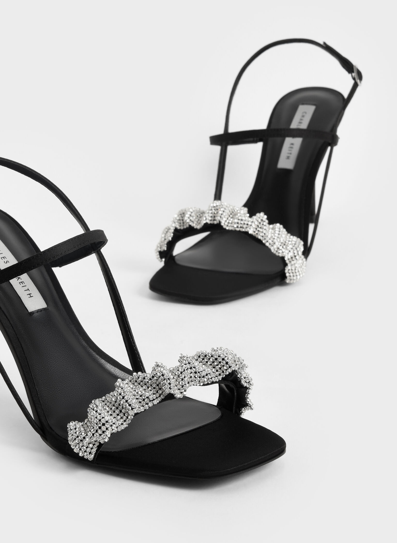 Gem-Embellished Satin Stiletto Sandals, Black, hi-res