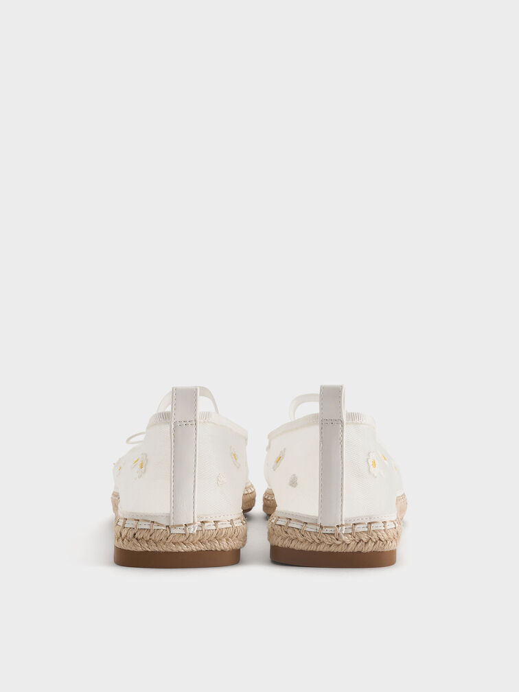 Mesh Floral-Embroidered Bow Tie-Around Espadrille Ballet Flats, White, hi-res