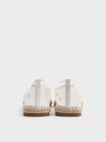 Mesh Floral-Embroidered Bow Tie-Around Espadrille Ballet Flats, White, hi-res