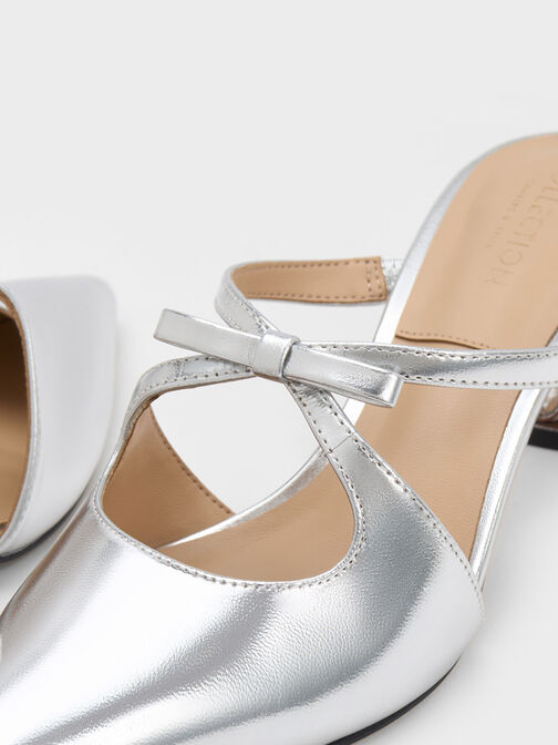 Bow Crossover Gem-Embellished Mules, Silver, hi-res