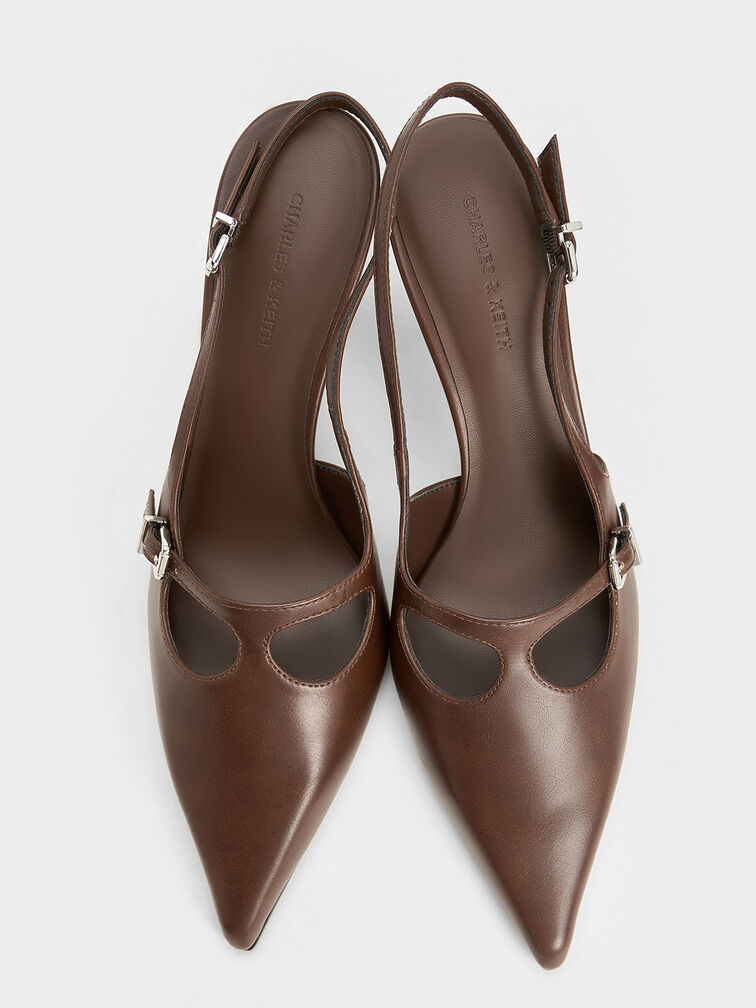 T-Bar Pointed-Toe Slingback Pumps, Brown, hi-res
