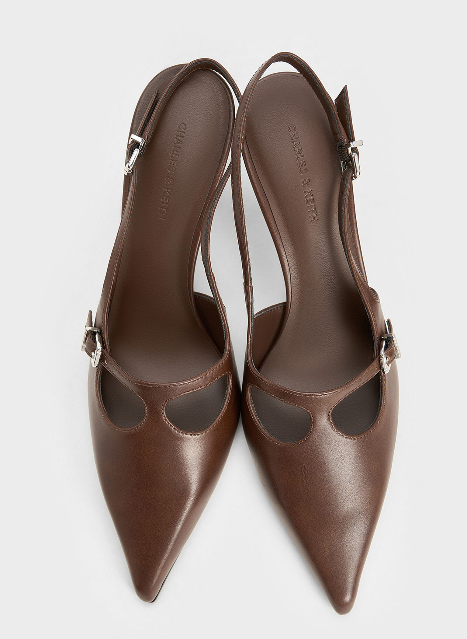 T-Bar Pointed-Toe Slingback Pumps, Brown, hi-res