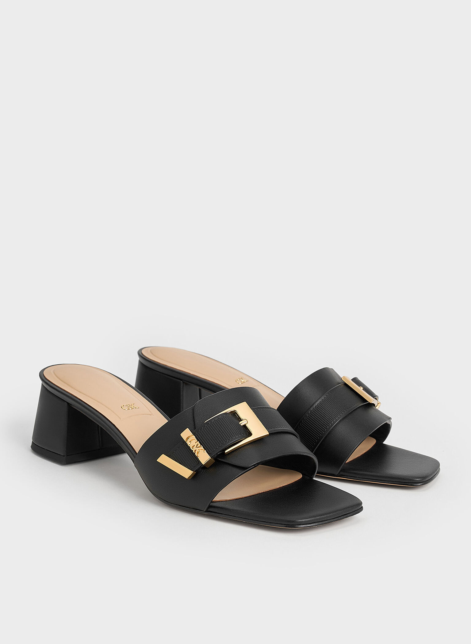 Whitney Leather Buckled Block-Heel Mules, Black, hi-res