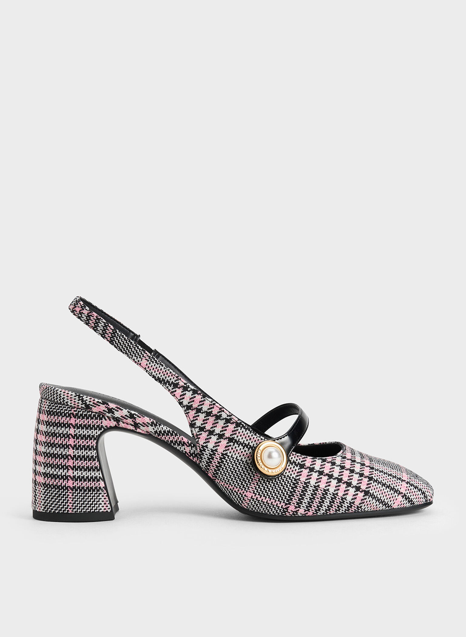 Plaid Pearl-Accent Mary Jane Pumps, Pink, hi-res