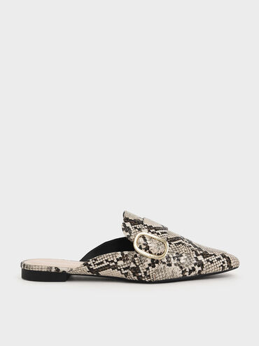 Oversized Buckle Pointed Toe Snake Print Mules, Multi, hi-res