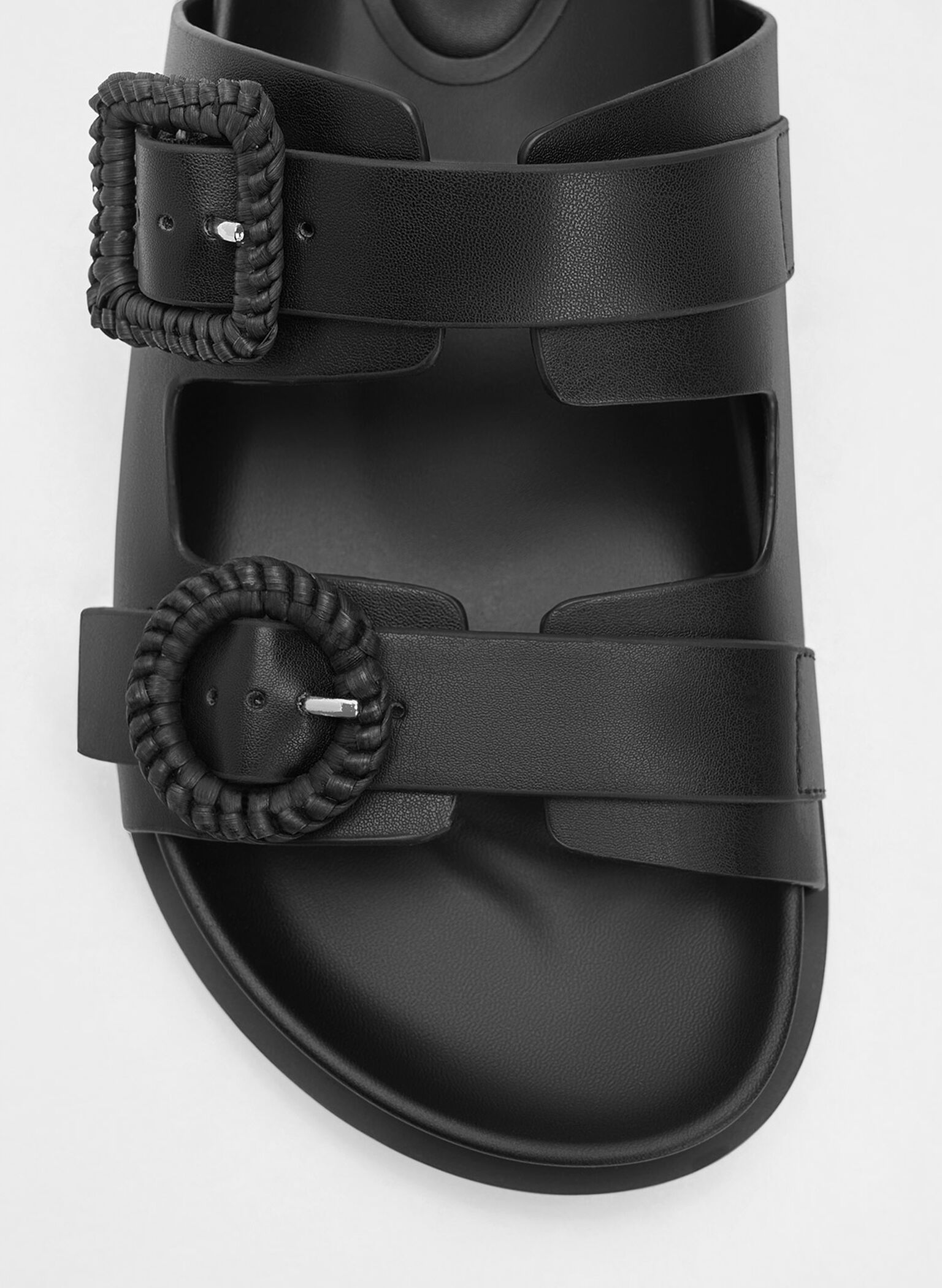 Woven-Buckle Double-Strap Sandals, Black, hi-res