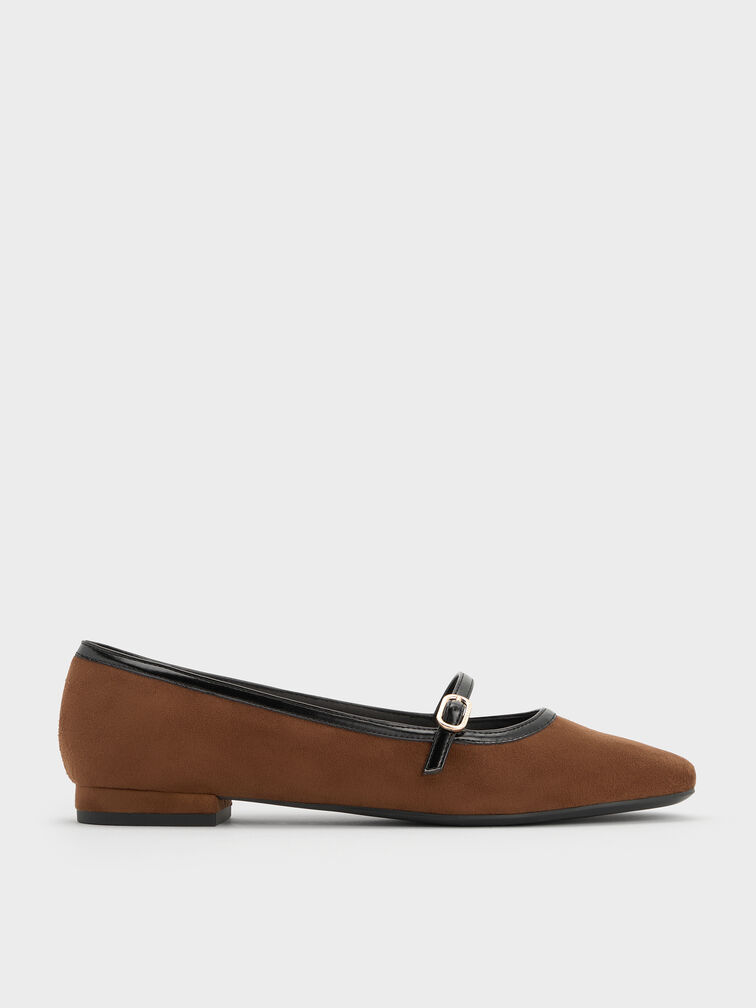 Faux Suede Contrast-Trim Buckle-Strap Mary Janes, Brown, hi-res
