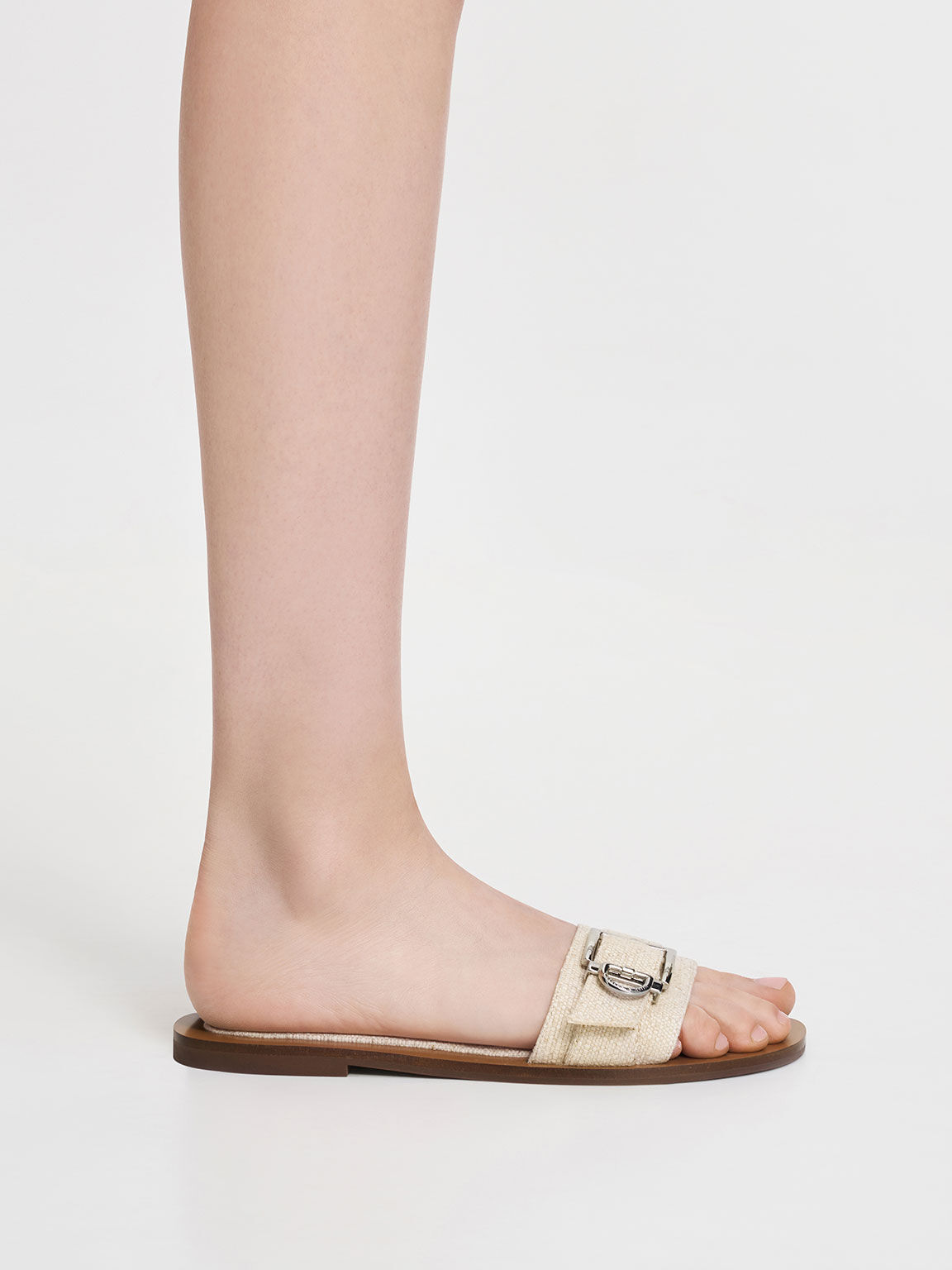 Linen Metallic Buckle Slides Beige