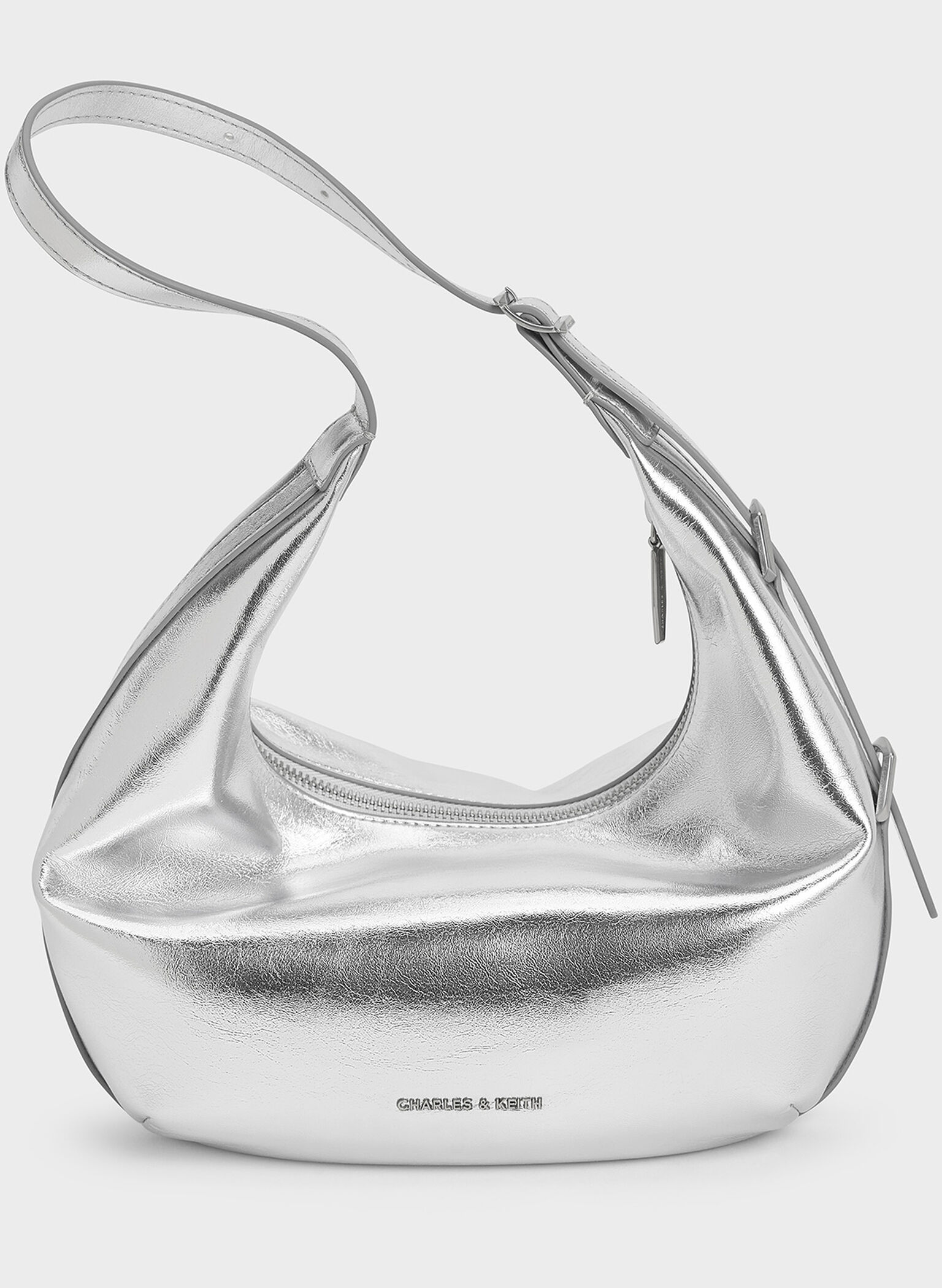 Bryna Metallic Curved Hobo Bag, Silver, hi-res