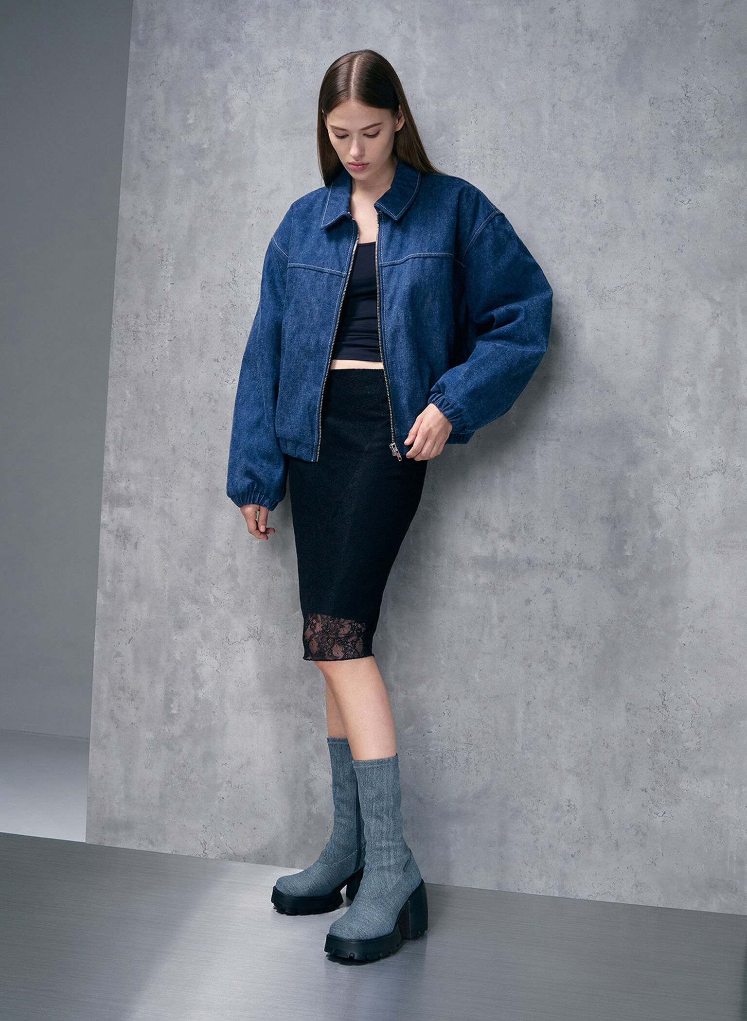 Denim Side-Zip Platform Calf Boots, Denim Blue, hi-res