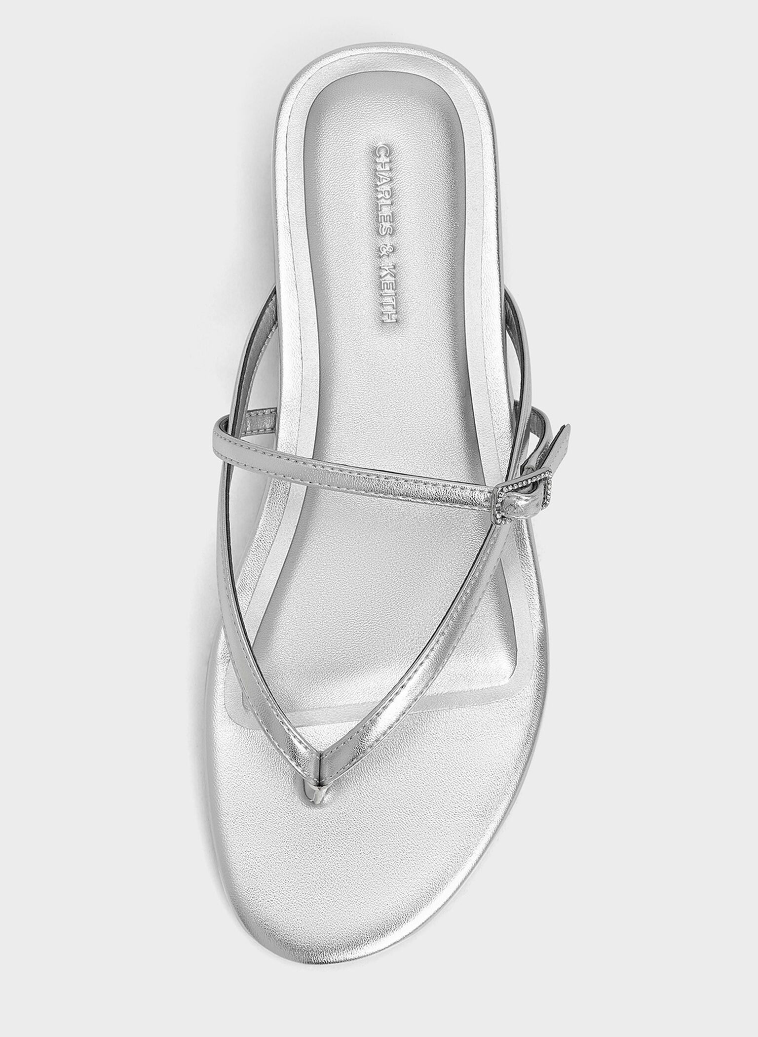 Metallic Crystal-Buckle Strappy Thong Sandals, Silver, hi-res