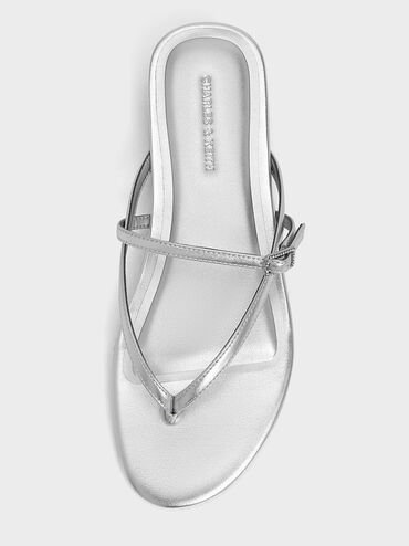 Metallic Crystal-Buckle Strappy Thong Sandals, Silver, hi-res