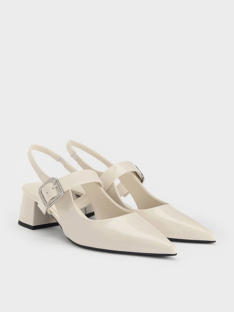 Patent Crystal-Buckle Block-Heel Slingback Pumps, Chalk, hi-res