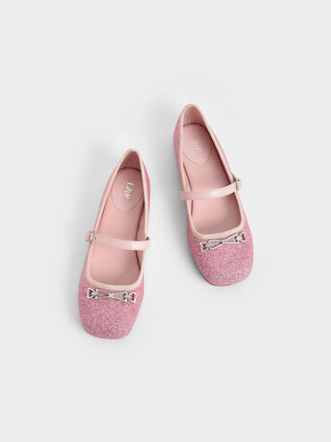 Girls' Metallic Accent Glittered Mary Janes, Pink, hi-res