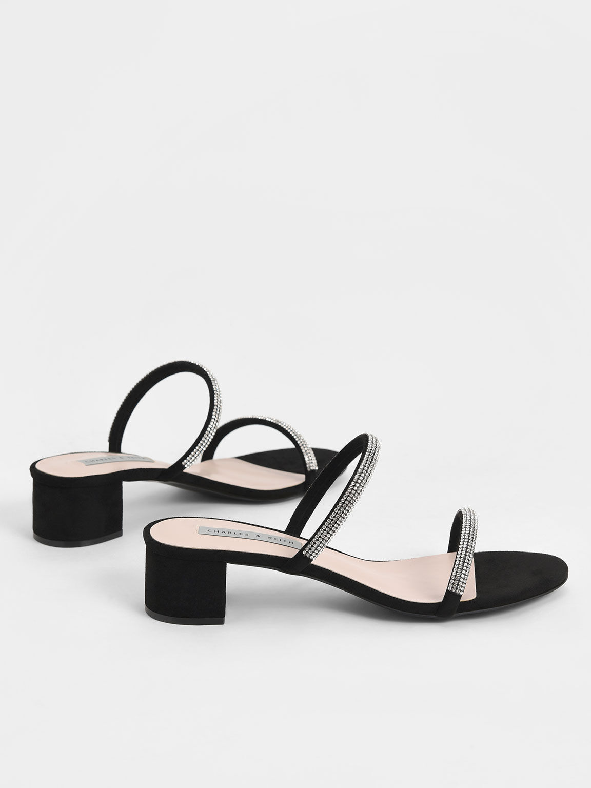 Gem Encrusted Strappy Heeled Mules Black