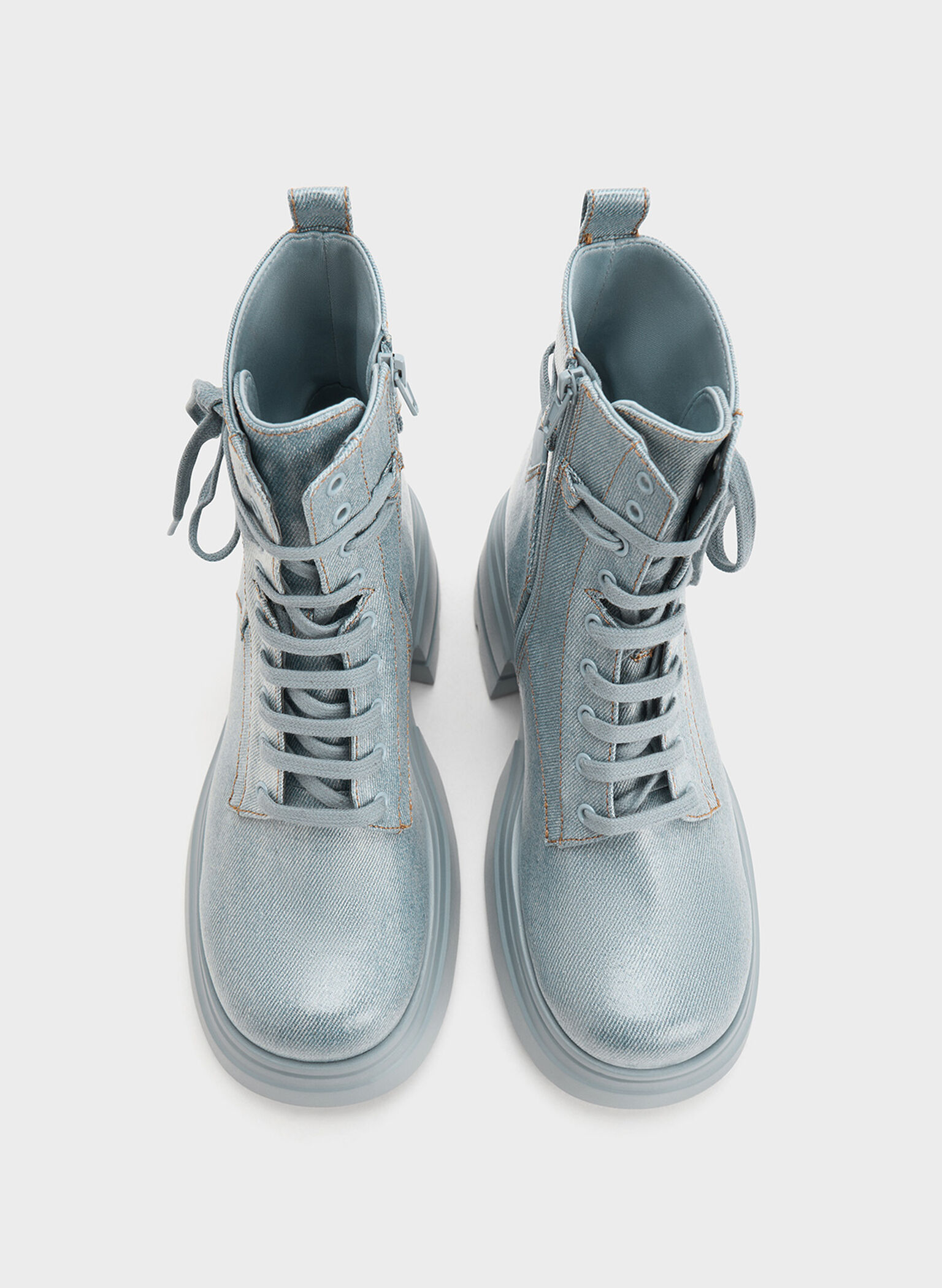 Denim Lace-Up Chunky Ankle Boots, Light Blue, hi-res