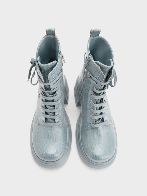 Denim Lace-Up Chunky Ankle Boots, Light Blue, hi-res