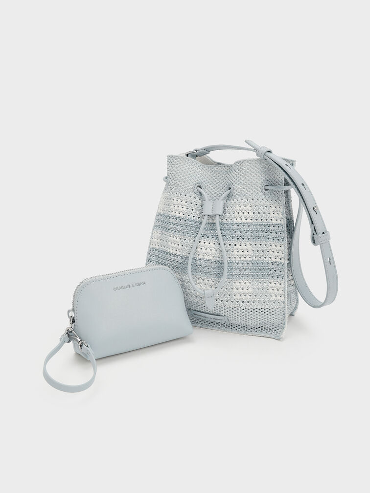 Ida Checkered Knitted Bucket Bag, Sea Salt Blue, hi-res