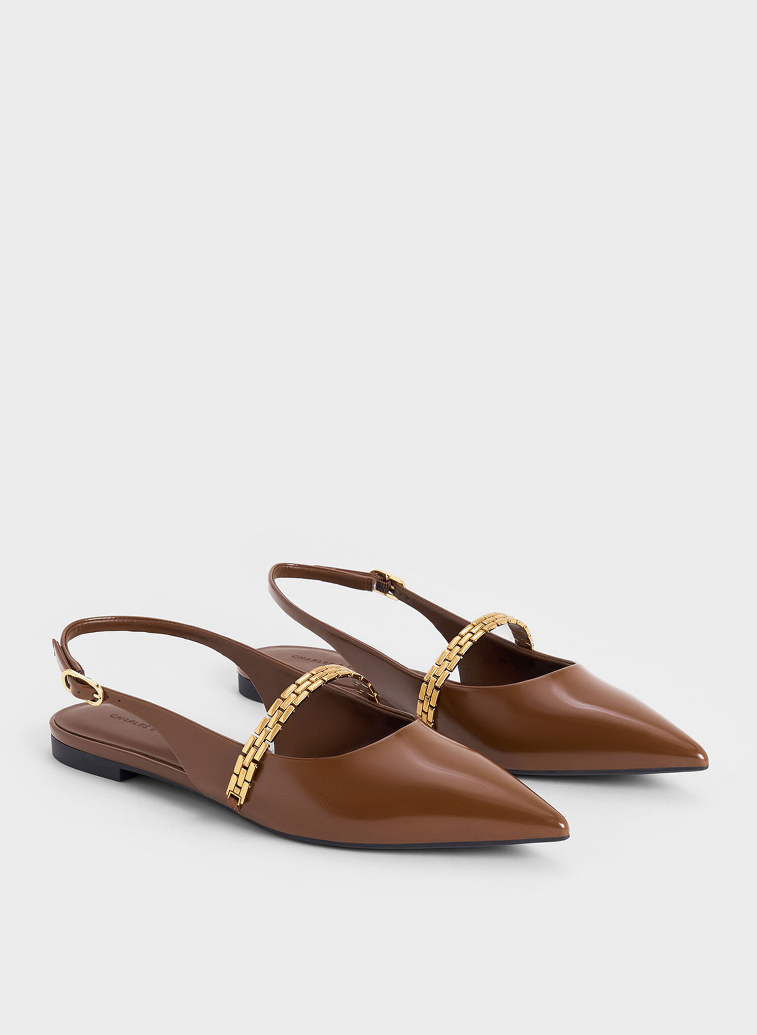 Chain-Strap Pointed-Toe Slingback Flats, Brown, hi-res