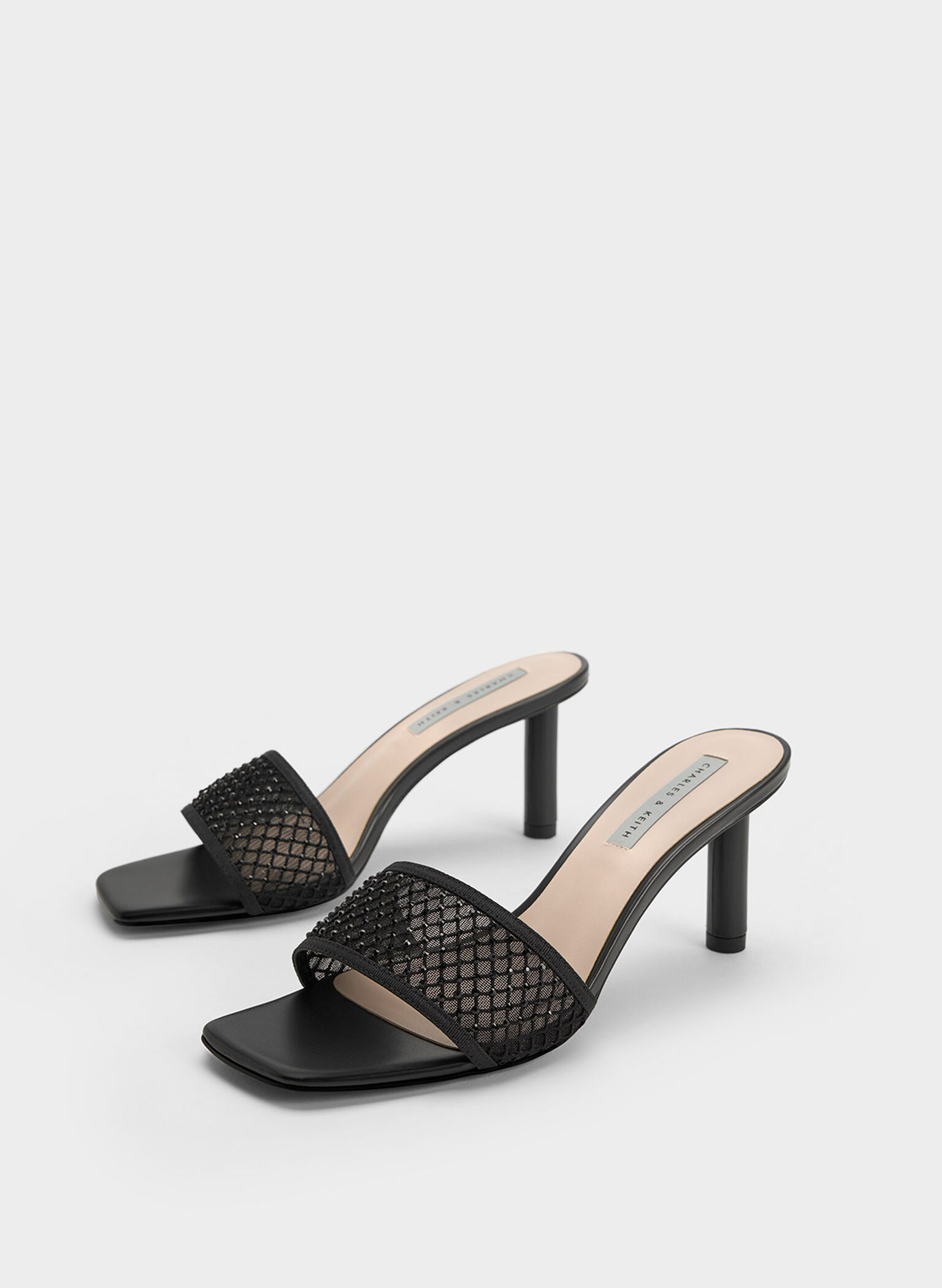 Gem-Encrusted Cylindrical Heel Mesh Sandals, Black, hi-res