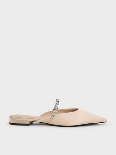 Flores Recycled Polyester Gem-Strap Metallic Flat Mules, Beige, hi-res