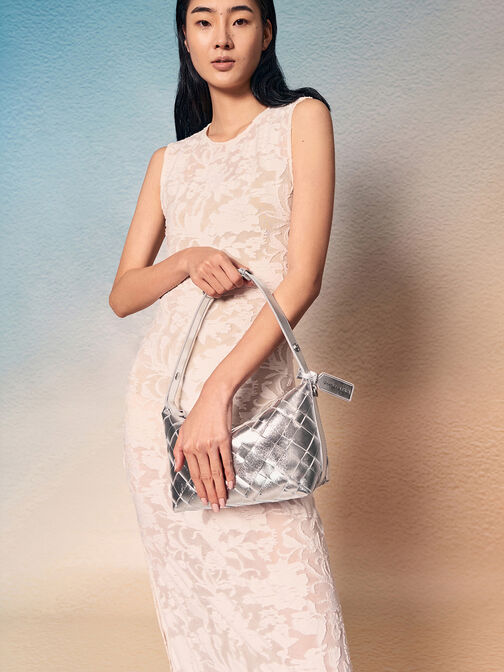 Ivette Metallic Woven Shoulder Bag, Silver, hi-res