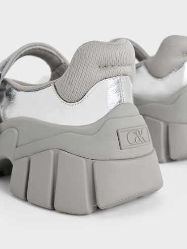 Yunna Metallic Leather & Recycled Fabric Mary Jane Sneakers, Silver, hi-res