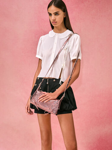 Xylia Metallic Grommet Lace-Up Shoulder Bag, Aura Pink, hi-res