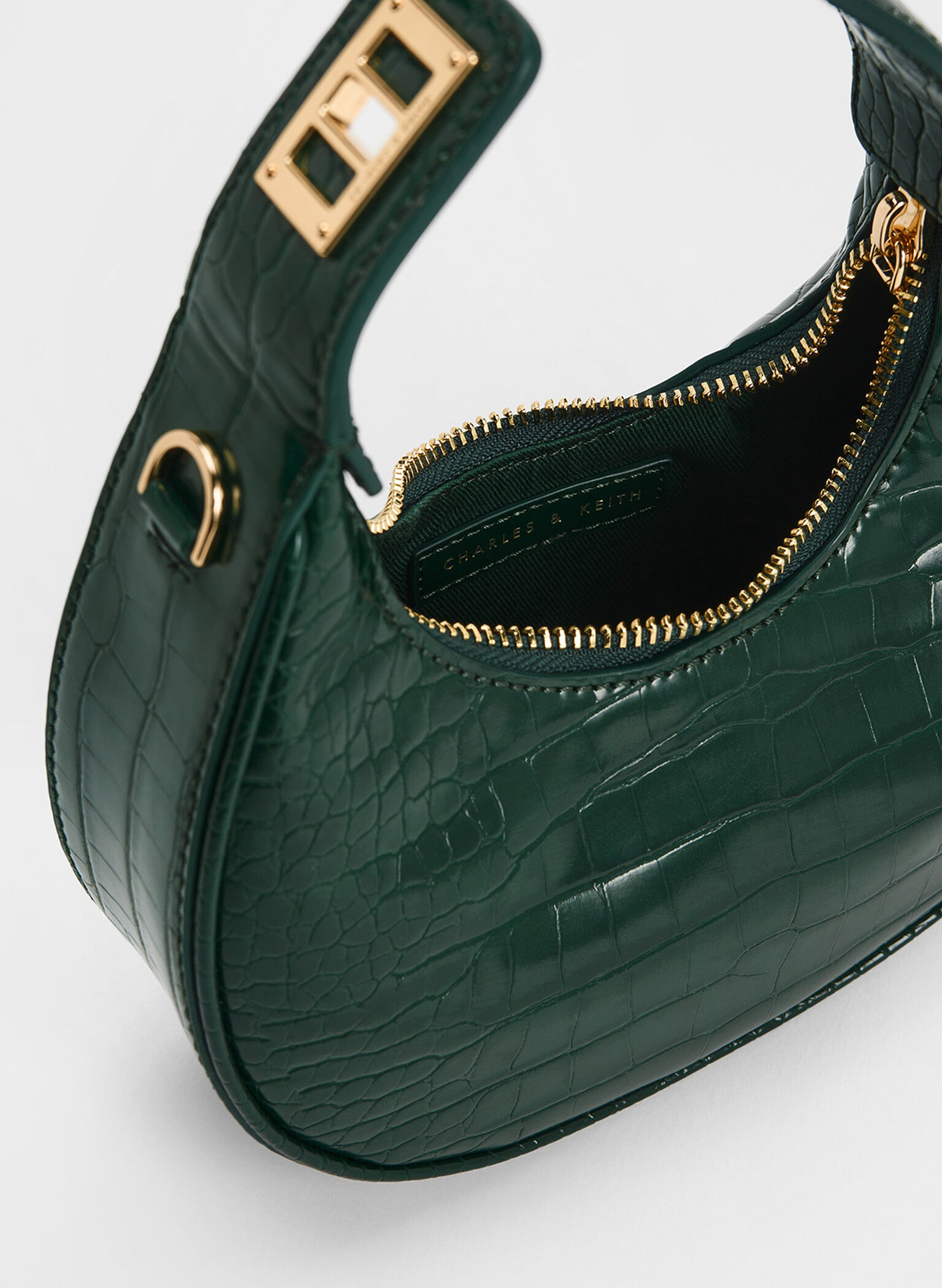 Mini Croc-Effect Moon Bag, Dark Green, hi-res