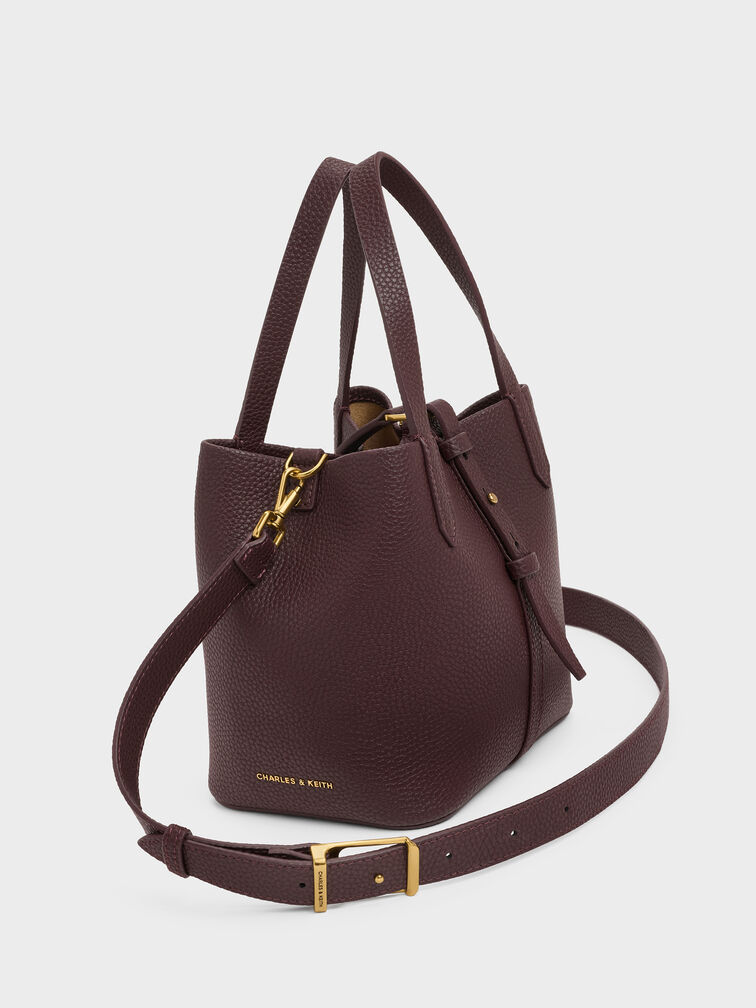 Beryl Recycled Leather Double-Handle Belted Bucket Bag, Wineberry Red, hi-res