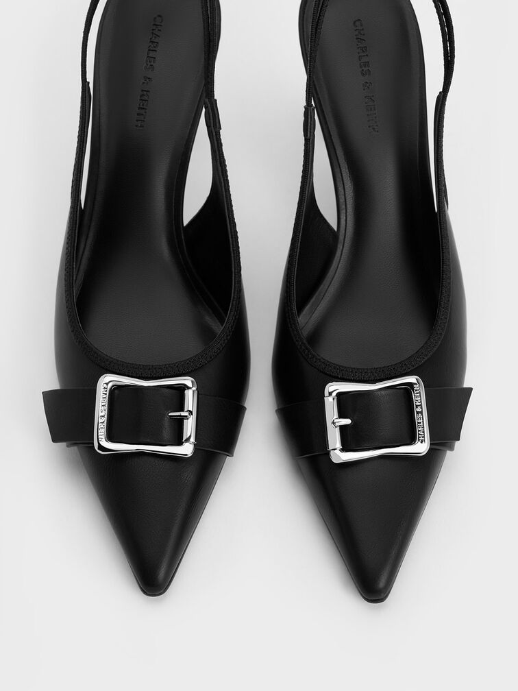 Buckled Pointed-Toe Slingback Pumps, Black, hi-res