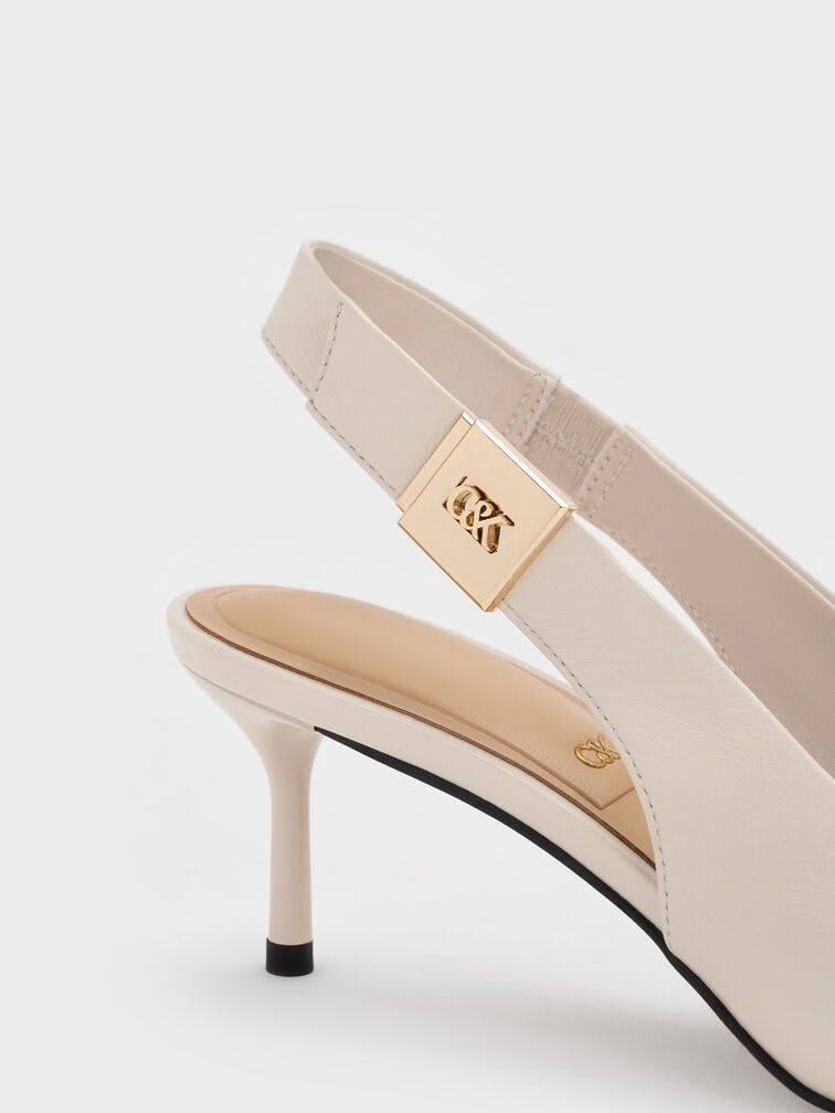 Cody Leather Pointed-Toe Kitten-Heel Slingback Pumps, Chalk, hi-res