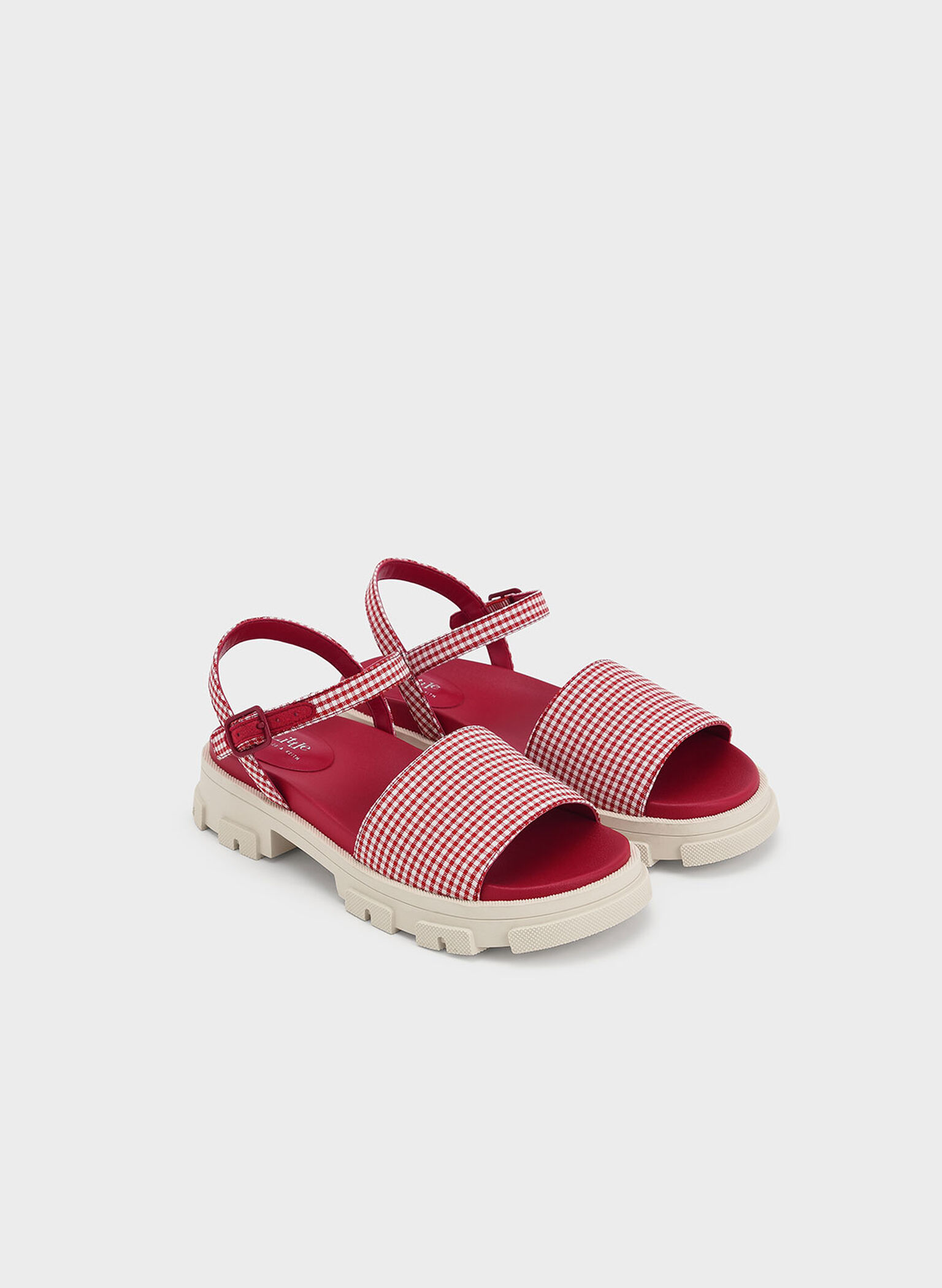 Girls' Check-Print Ankle-Strap Sandals, Red, hi-res
