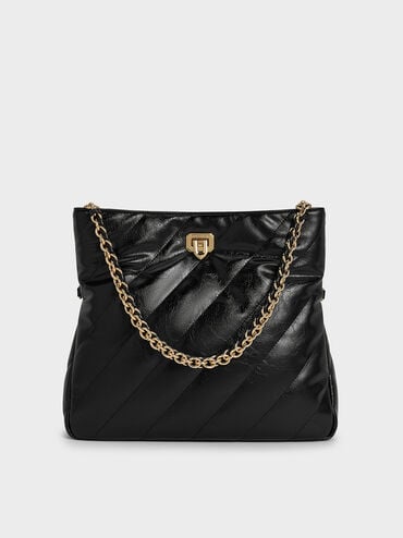 Fawn Panelled Chain-Handle Shoulder Bag, Black, hi-res