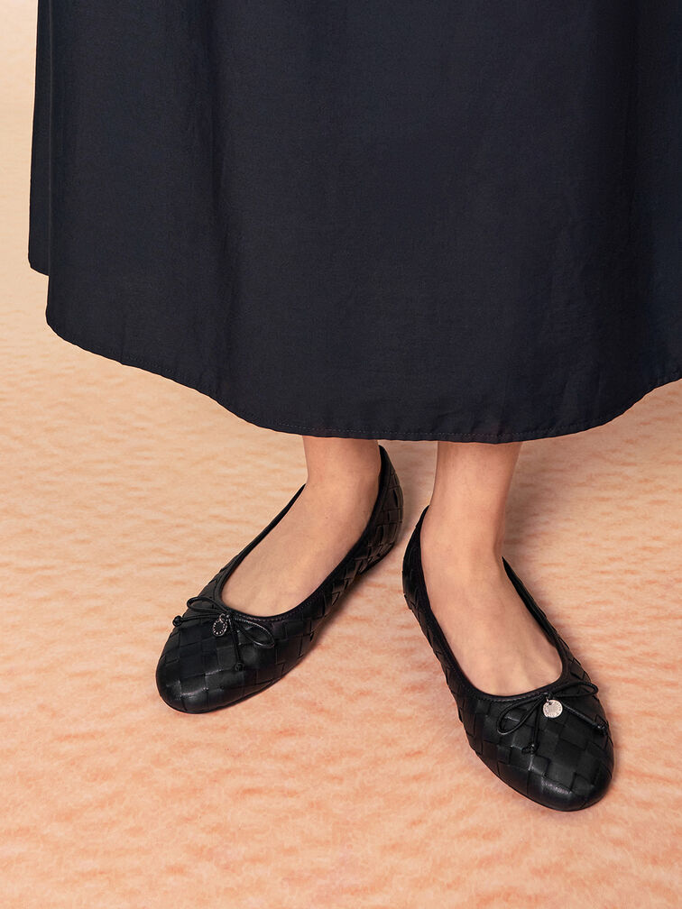 Woven Bow Ballet Flats, Black, hi-res