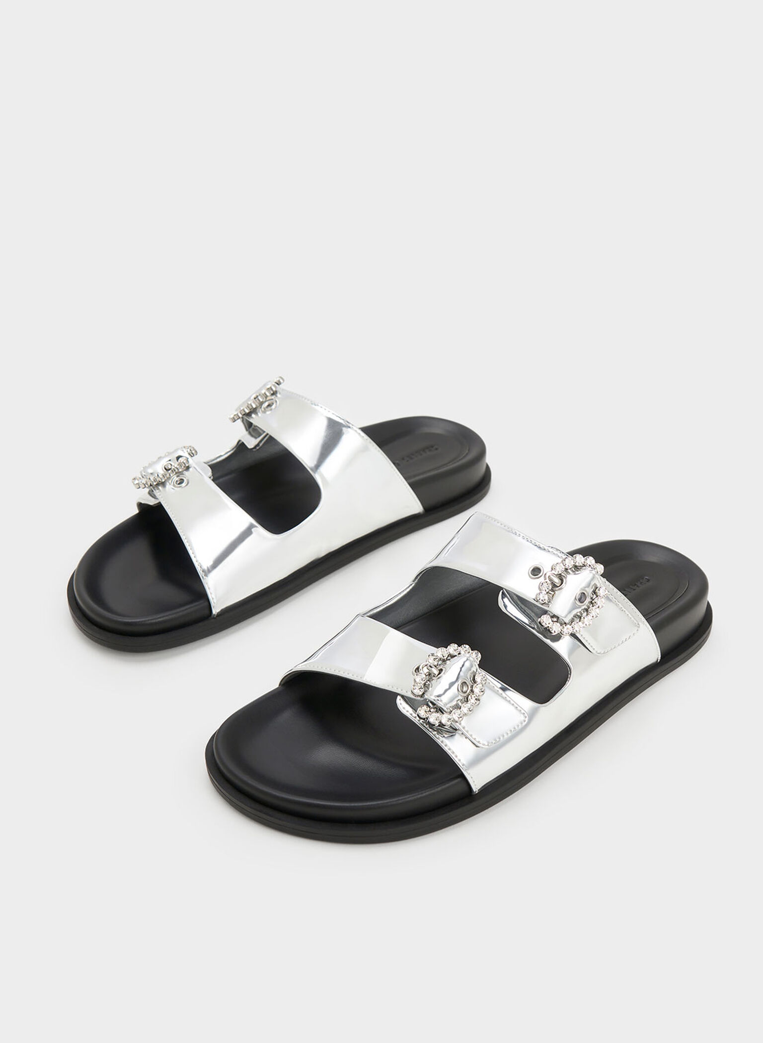 Metallic Embellished Buckle Sandals, Silver, hi-res