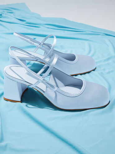 Satin Bow Slingback Mary Jane Pumps, Light Blue, hi-res